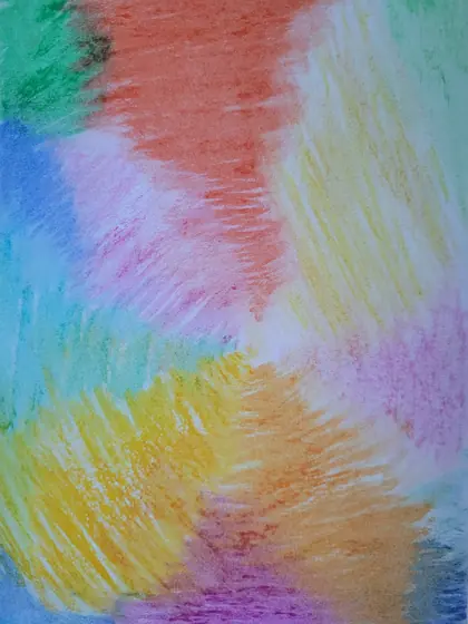 Abstraktes Werk „Harmonie“: pastellige Farbfelder in Rosa, Gelb und Blau
