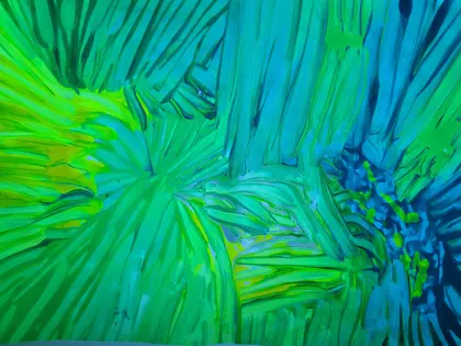 Abstraktes Gemälde „Jungle“: dichte grüne und blaue Pinselstriche wie Blattwerk