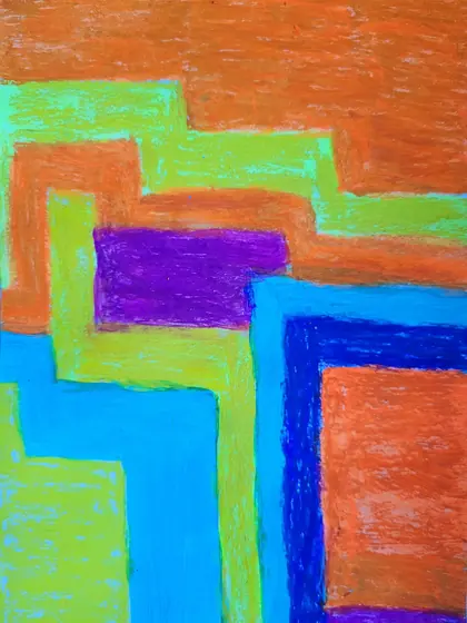 Abstraktes Werk „Treppe“: treppenförmig verschachtelte Flächen in Orange, Grün und Blau